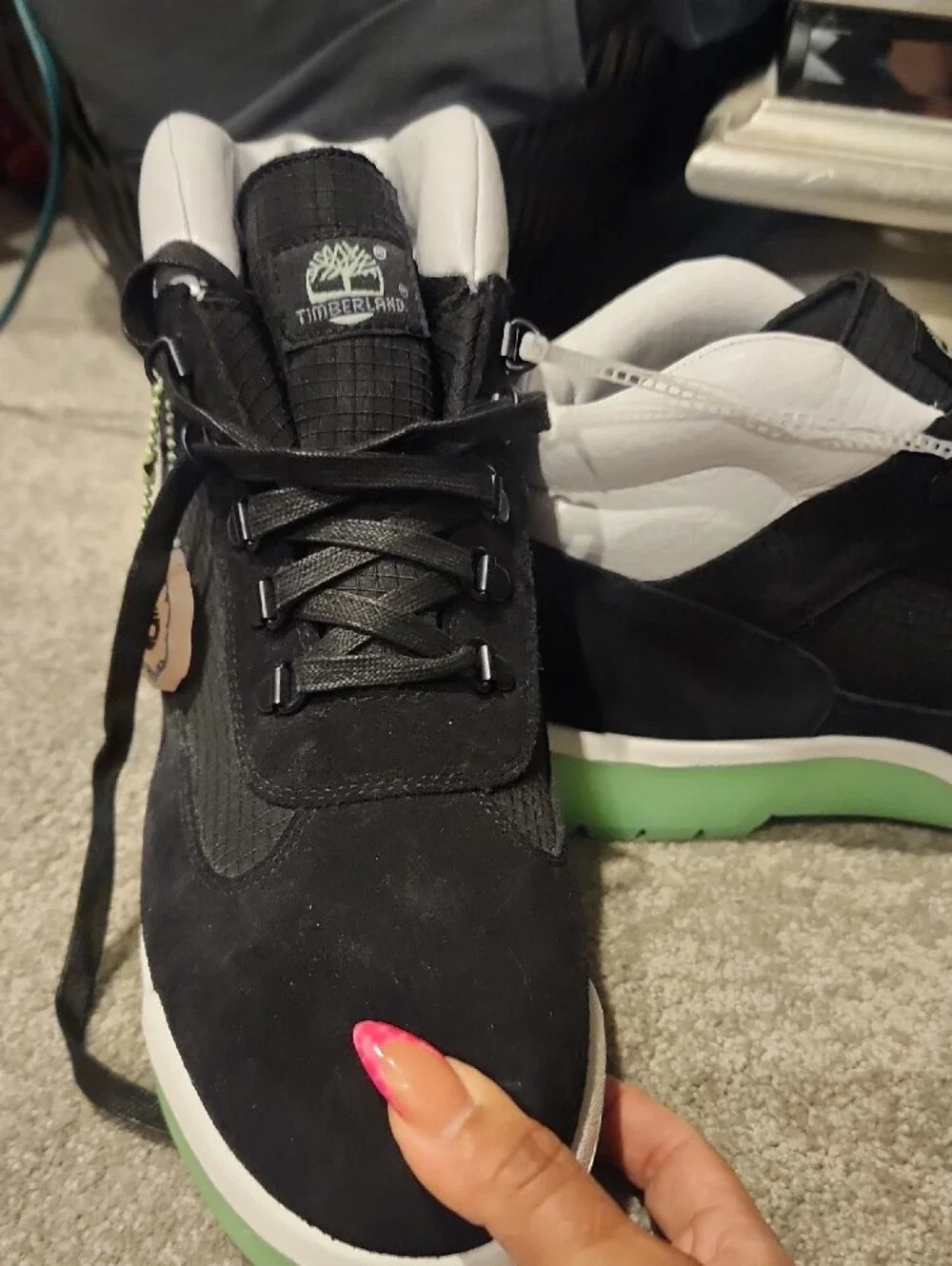 Black and White High-Top TIMBERLANS Sneakers with Mint Green  Glow Sole